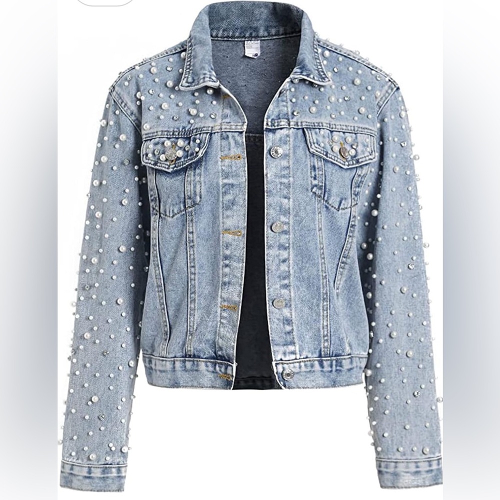 Pearls Denim Jacket Cropped Rhinestones Jean Jacket Coat